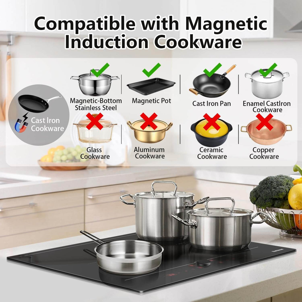 Karinear 24 Inch Induction Cooktop 4 Burners, Hidden Display with Magnetic Knob Control, Built-in Induction Stovetop with Heating Flex Zone, Boost, Timer, Pause Function, 7200W, 220-240V(No Plug)