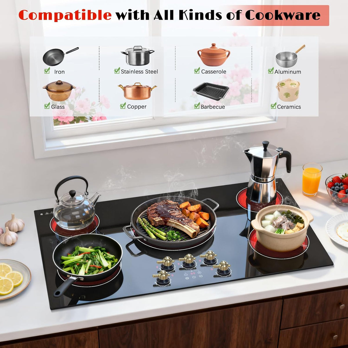 Karinear 36 inch 5 Burner Electric Cooktop 9200W with Knob & Touch Control
