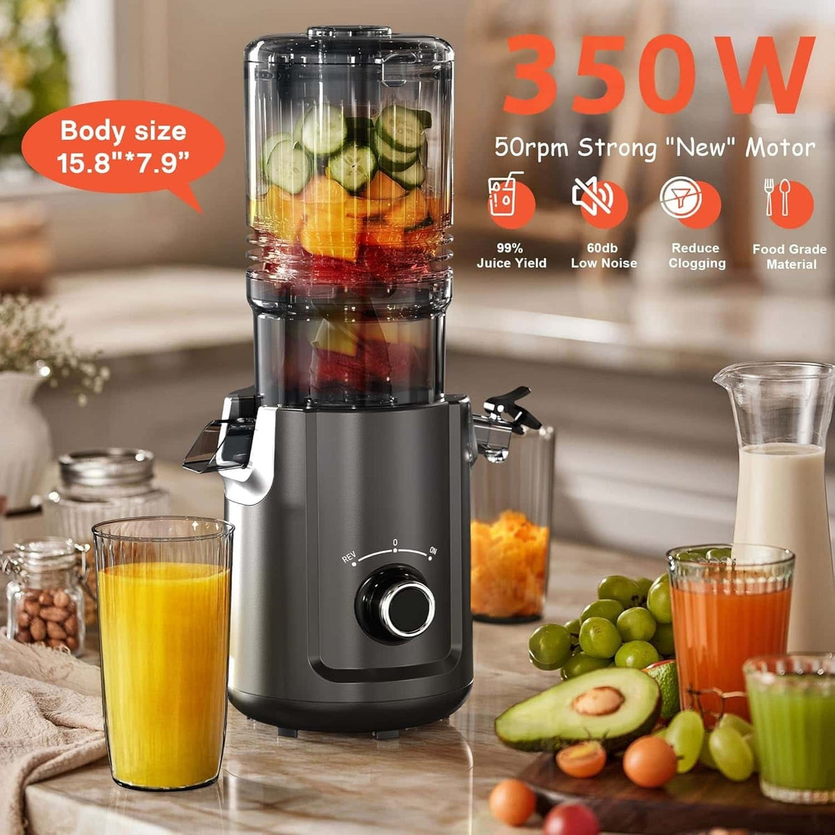 Karinear Cold Press Juicer 5.3" Wide Feed Chute Juice Extractor Machine for Whole Vegetables & Fruits