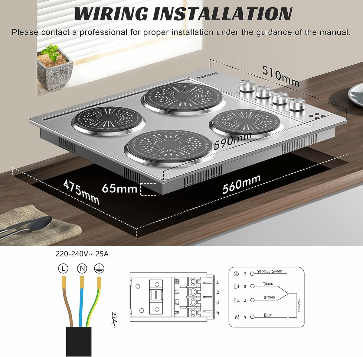 There are two ways to use our electric ceramic cooker. You can just attach the four feet that come in the package and use the stove top on your worktop. If you want to save space on your workbench, you can also dig a hole and embed the stove into the worktop for use.