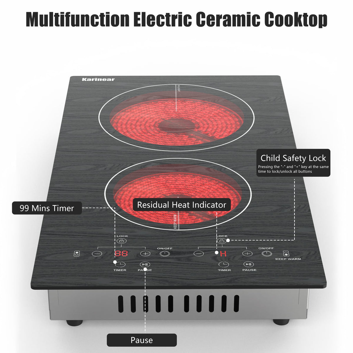 the surface of this glass electric cooktop is made of smooth glass, easy to clean, just need a light wipe with a damp cloth. Karinear will give a cleaning scraper as a gift to help you clean.