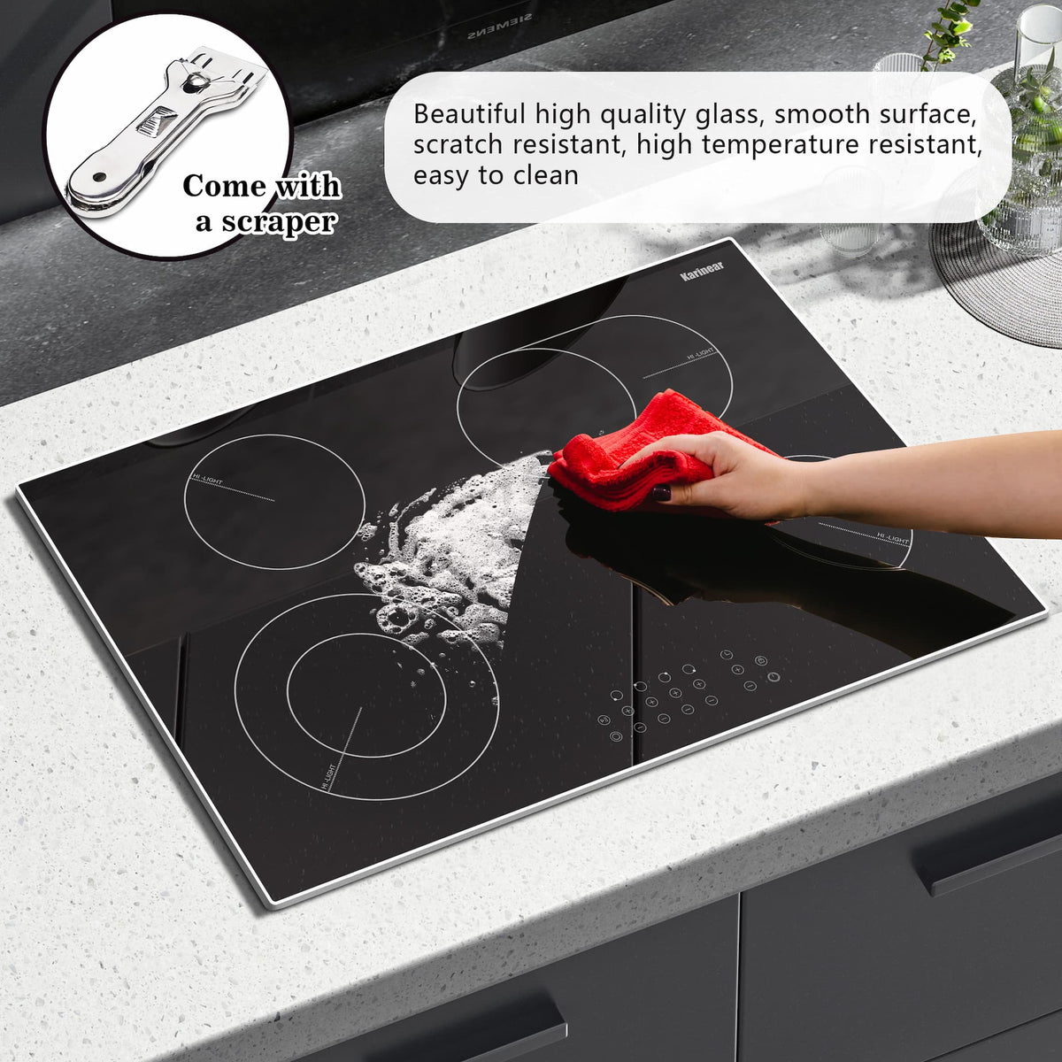 The smooth,sleek surface of this glass ceramic cooktops means is it hard to hide the dust. So you can spend less time to clean and more time enjoying food.