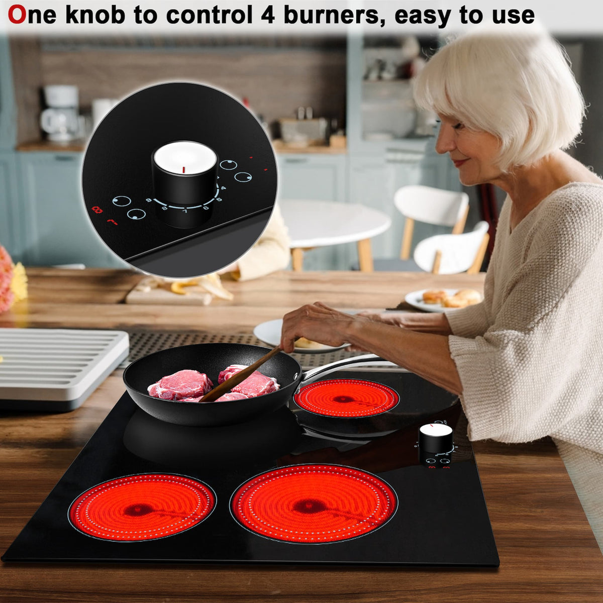 Karinear 24 Inch Electric Cooktop 4 Burners Electric Stove Top, 220-240v Built-in Electric Ceramic Cooktop with Knob Control,9 Power Levels, Black Glass,No Plug