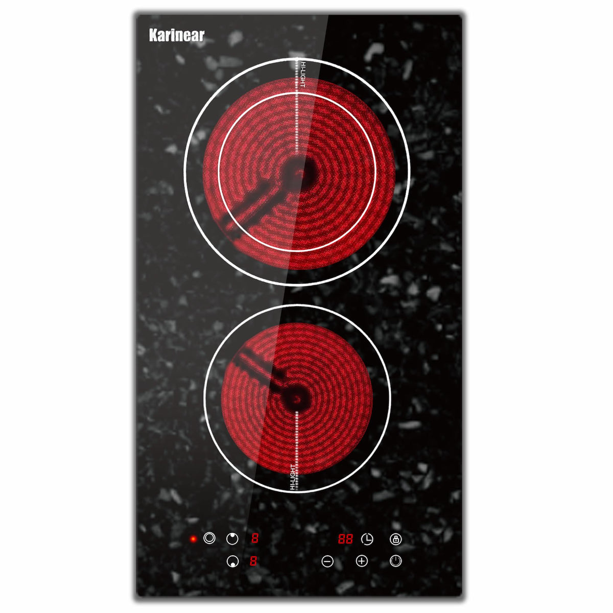 Karinear Electric Cooktop 2 Burners, 12'' Drop-in Electric StoveTop with Marble Patterned Surface, Ceramic Cooktop with Child Lock, Timer, Hot Surface Indicator,3200W,220-240v Hard Wired,No Plug(LH07)
