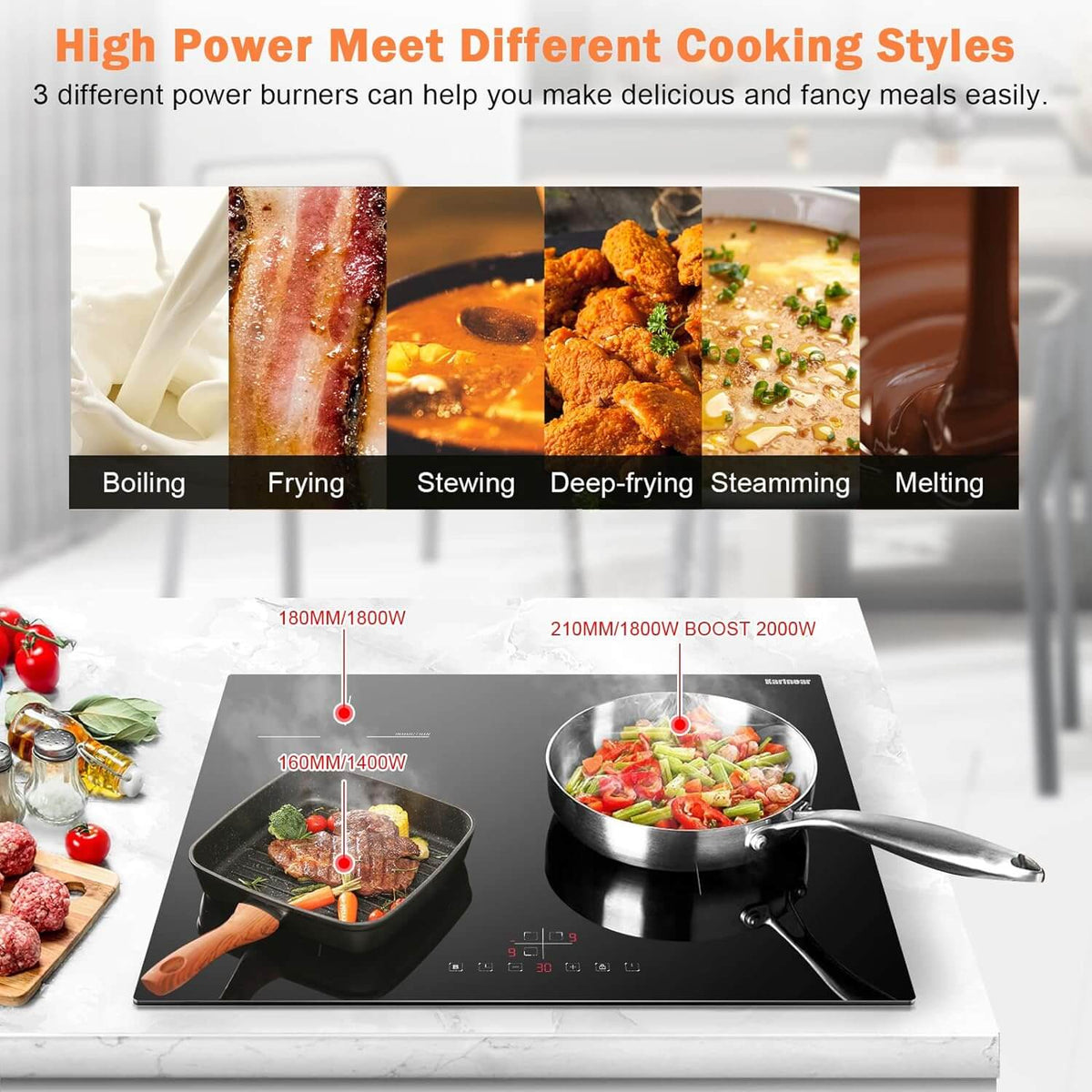 Karinear induction hob 60 cm Built-in 3-zone electric hob with touch control and boost function, black glass, hardwired, no plug included