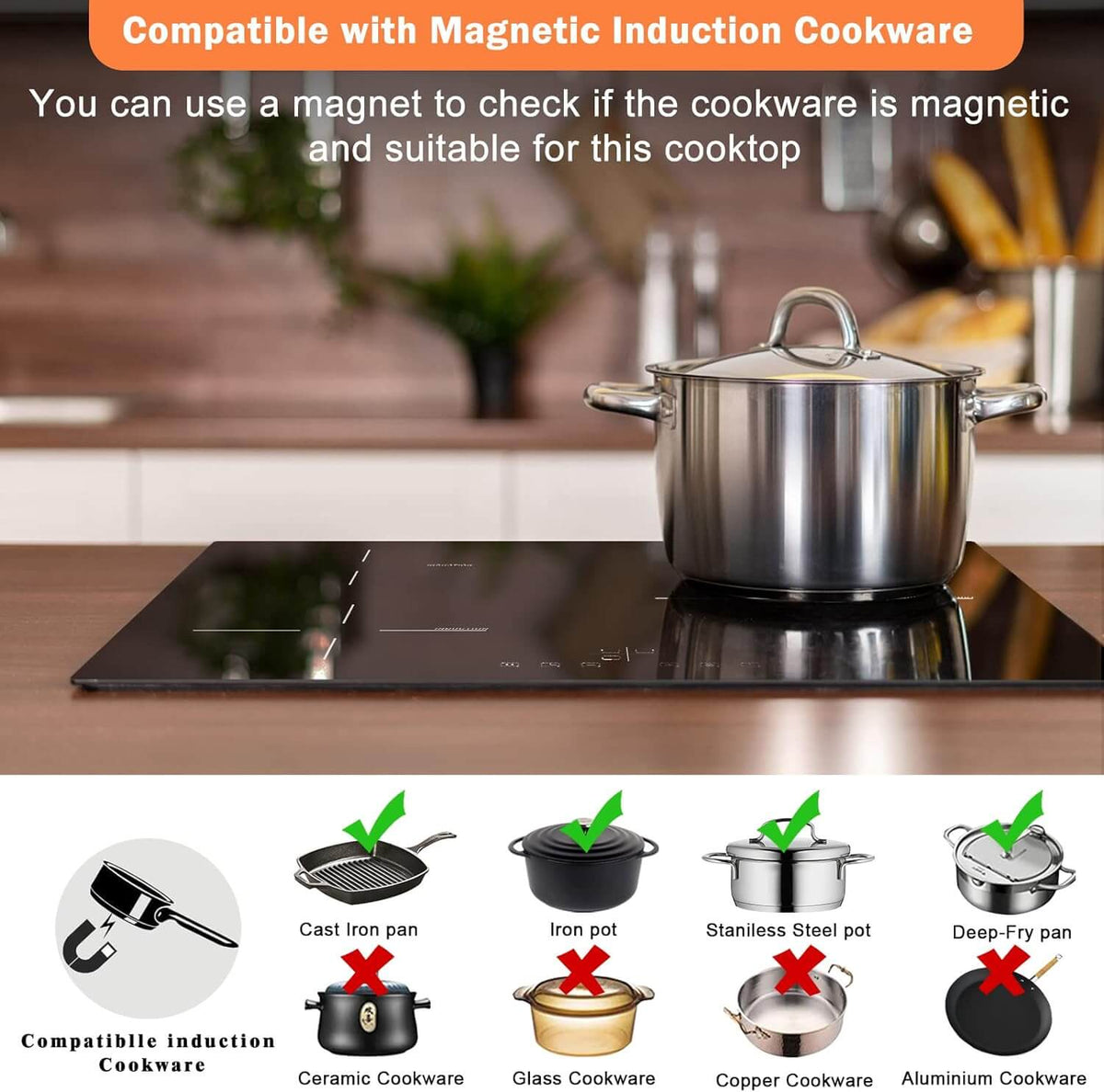 Karinear induction hob 60 cm Built-in 3-zone electric hob with touch control and boost function, black glass, hardwired, no plug included