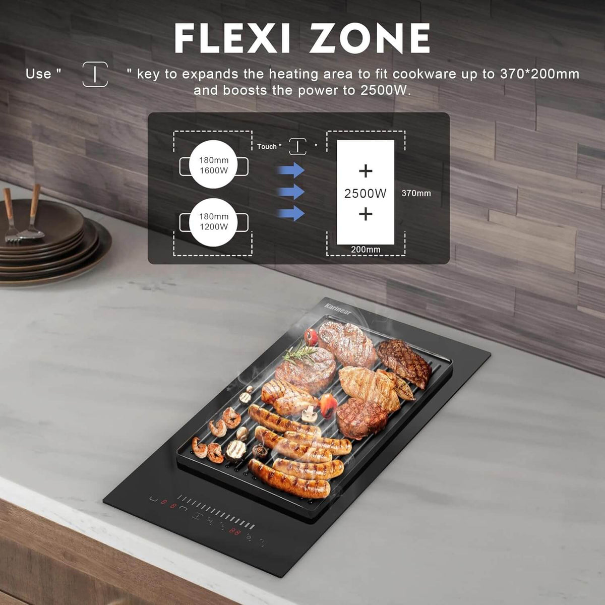 Karinear Plug-in Induction Hob with Flex Zone 13Amp 2800W, 2 Ring Electric Hob 30cm with 99-Min Timer, Safe Lock, Black