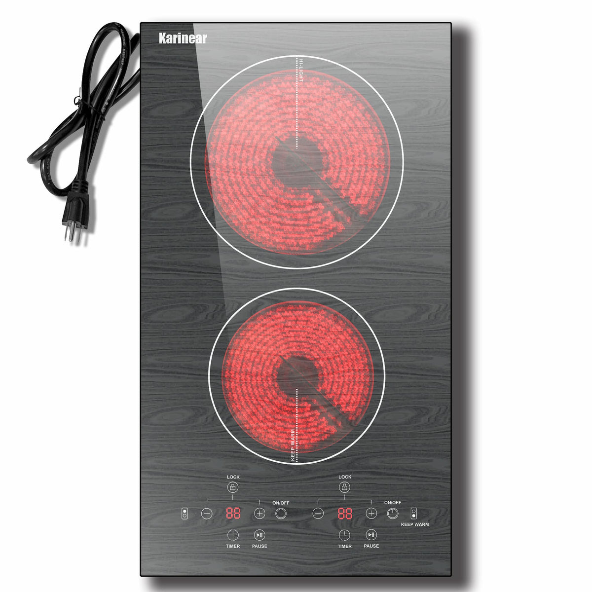 Karinear Portable Electric Cooktop 2 Burners, 110v Plug in Electric Stove Top, Countertop Use or Built-in Install, 12'' Ceramic Cooktop with Beautiful Wooden Pattern