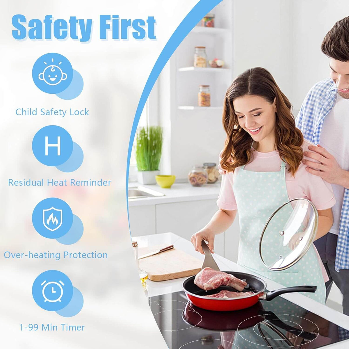 Karinear built-in glass ceramic hob, 4 hobs, with double pull-out zone, integrated electric table with touch control, timer, lock for children, 6600 W