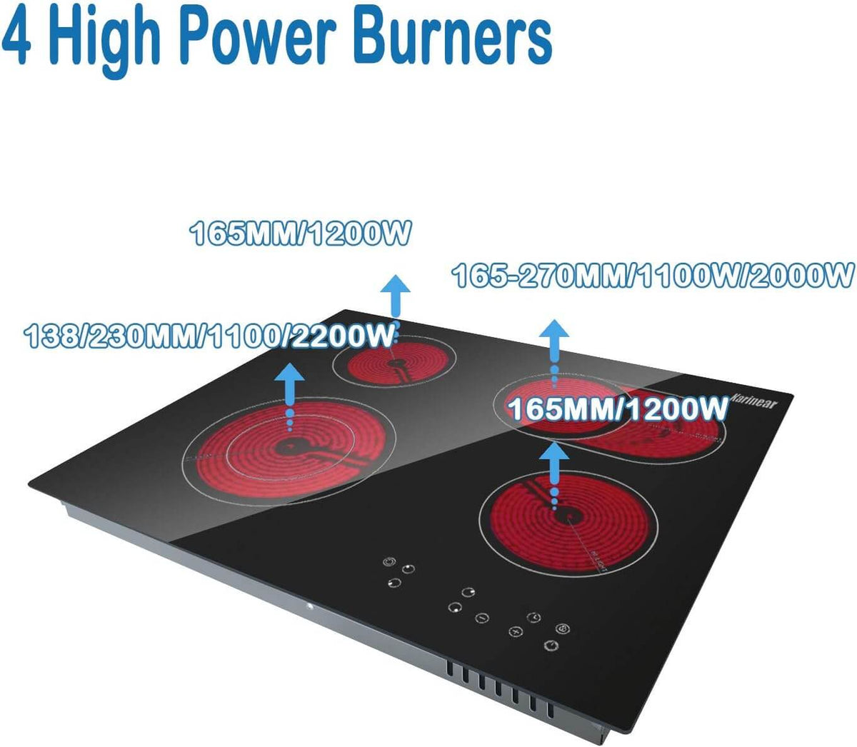 Karinear built-in glass ceramic hob, 4 hobs, with double pull-out zone, integrated electric table with touch control, timer, lock for children, 6600 W