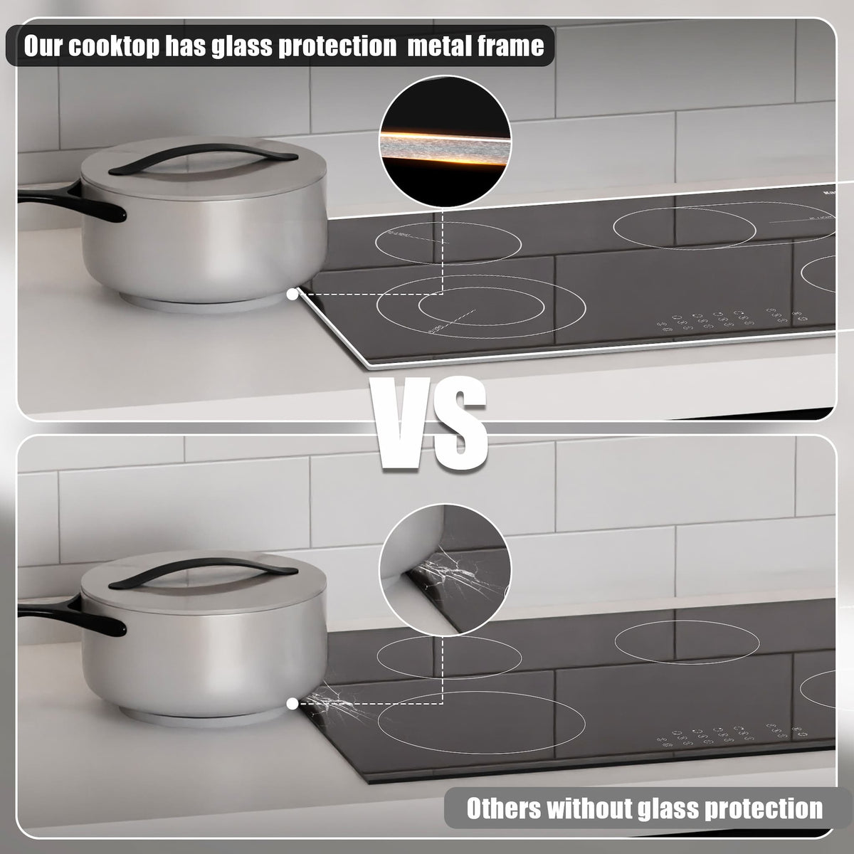 9 Power Levels electric cooktop 4 burners have 9 power levels, suitable for various cooking methods. The lower left and upper right burners are both expandable burner, which can provide higher power for larger pans or rectangular baking pans.