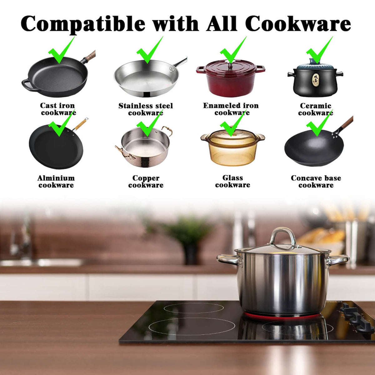 1. Karinear ceramic cooktop 4 burner can be compatible with pans of any material, such as iron, stainless steel, aluminum, ceramics, glass, etc. Induction cooktop can only use iron stainless steel pot.