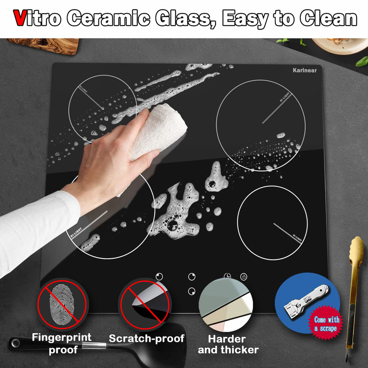 Karinear Drop-in 4 Burner Electric Cooktop 24 Inch Electric Radiant Cooktop, Electric Stove Top with Residual Heat Indicator, Child Safety Lock, Timer, 220-240V, 6000W, Hard Wire(No Plug)