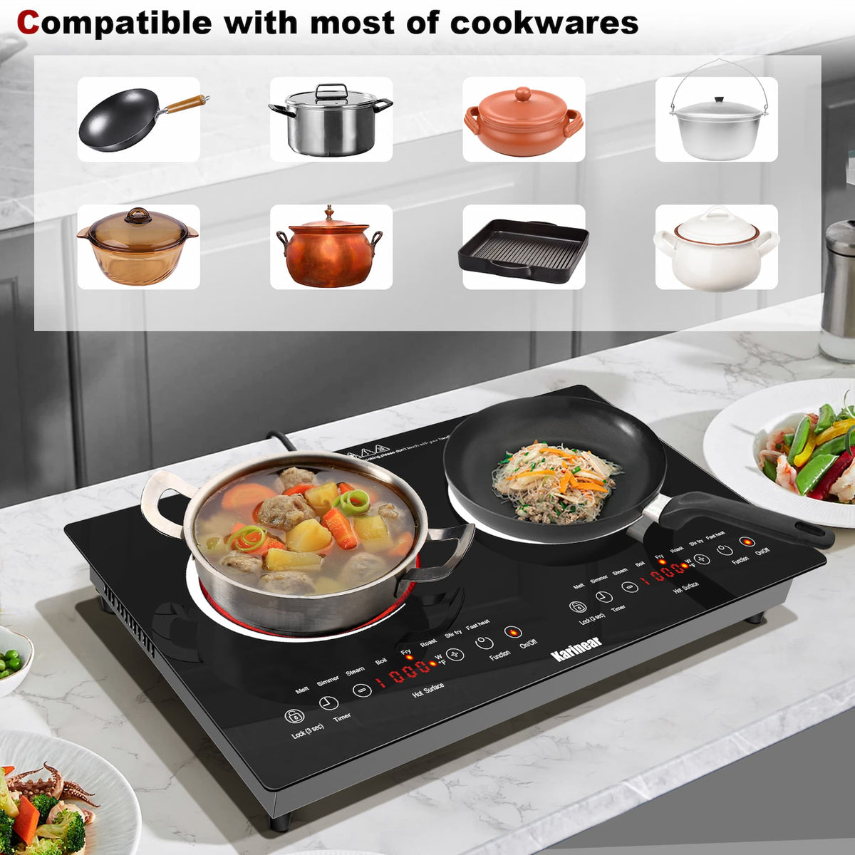 Karinear Induction Hob, 30CM 2 Zones Electric Hob with Plug, Auto Shut off, Residual Heat Indicator