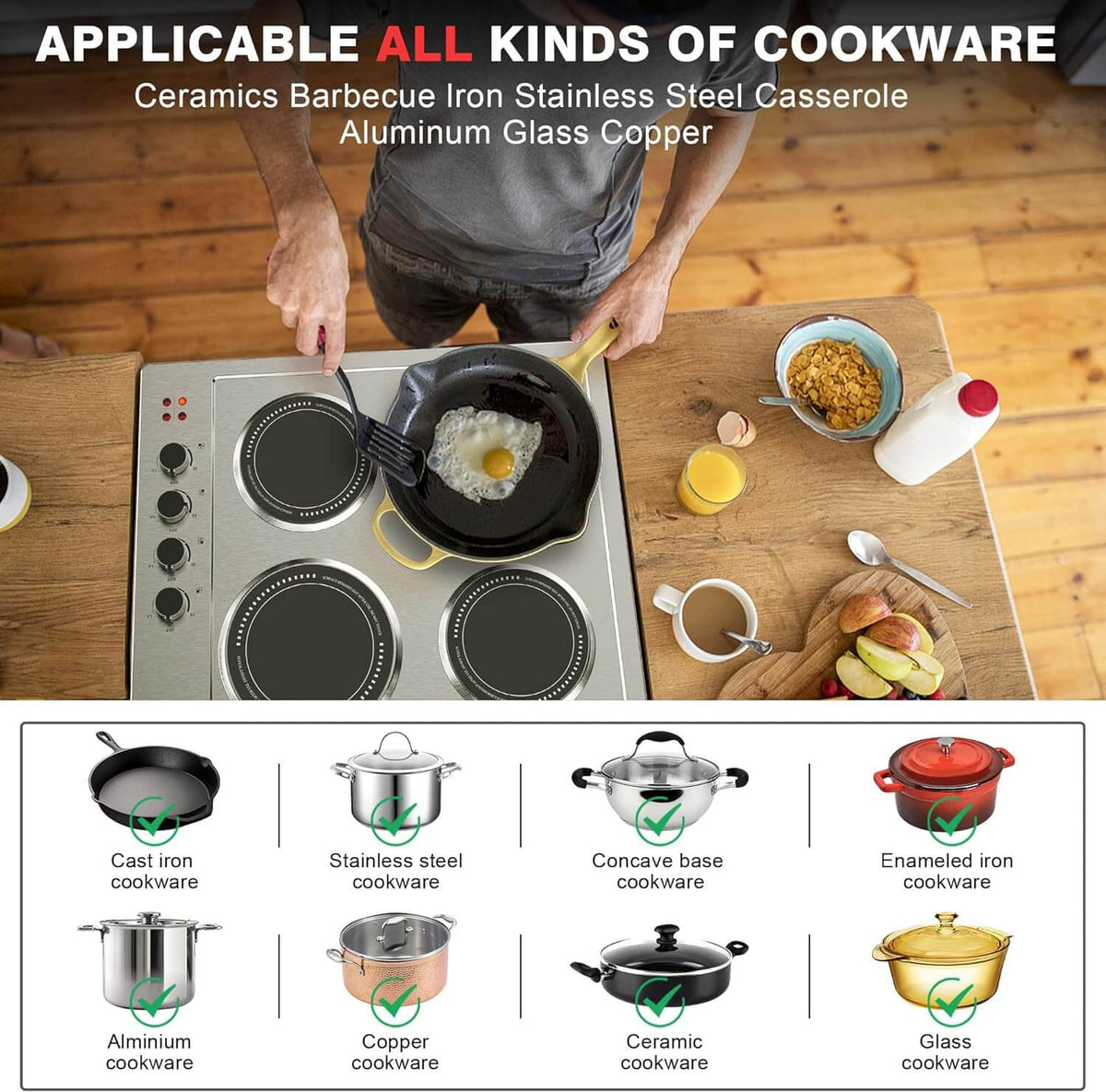 Stainless Steel Electric Cooktop s suitable for any material of cookware.