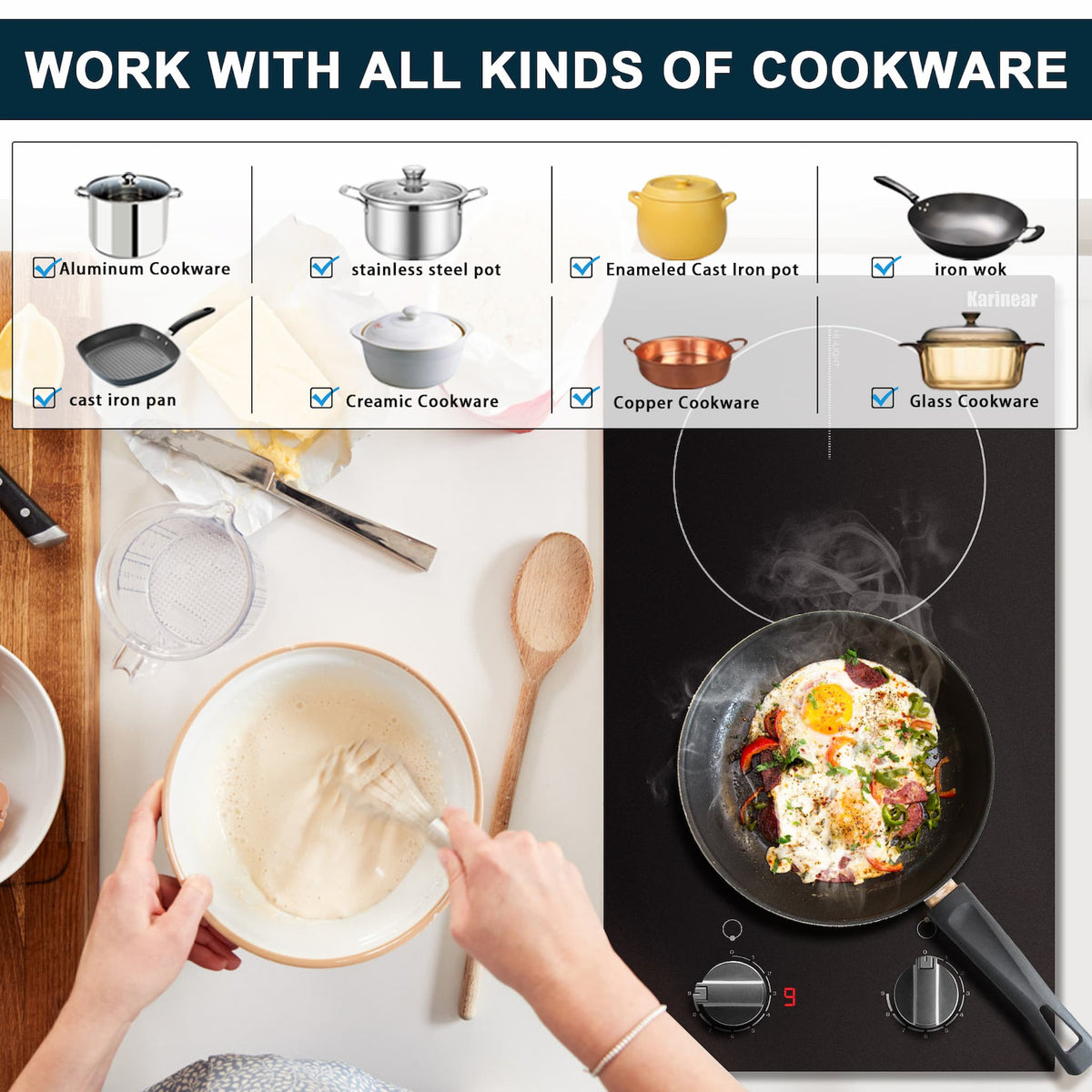 nother advantage of this glass cooktop is that it can use any material cooker, iron, stainless steel, glass, ceramic cookers are suitable, which is much more convenient than the induction cooker. With black glass surface, the drop-in electric cooktop looks simple and fashionable. Easy to clean, just wipe with a damp cloth.