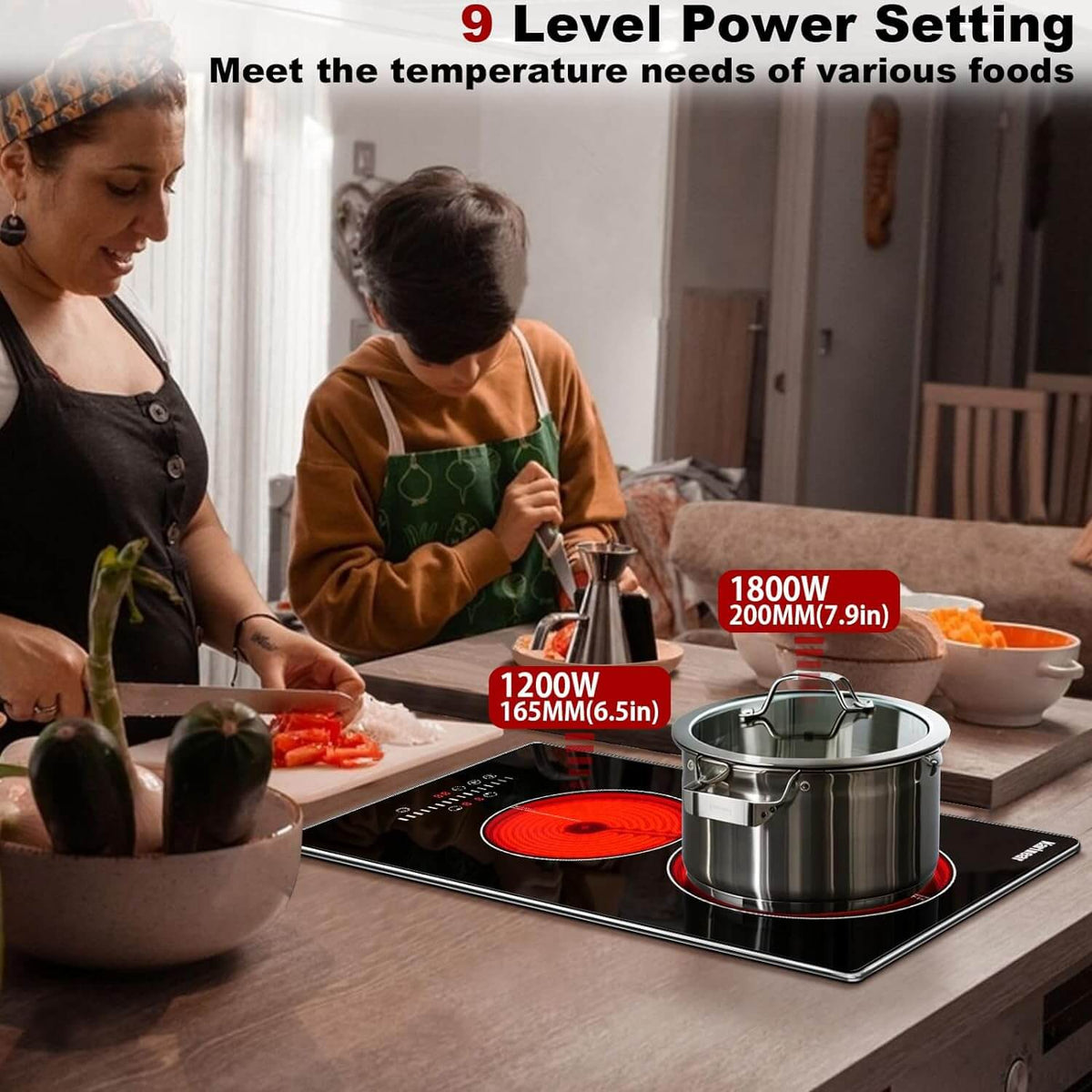Karinear Electric Cooktop 2 Burners,12 Inch Electric Stove Top, Countertop & Built-in Ceramic Cooktop with Glass Protection Metal Frame, Multifunctional Cooktop for 220-240v, Hard Wire, No Plug