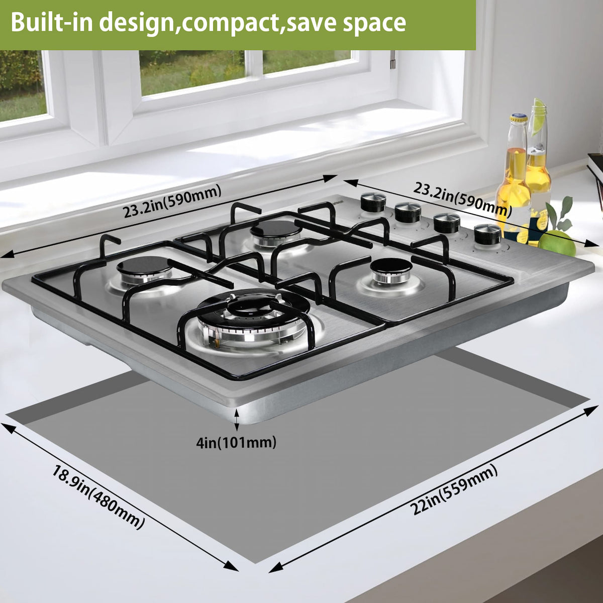 Karinear 24 Inch 4 Burner Stainless Steel Tempered Gas Cooktop