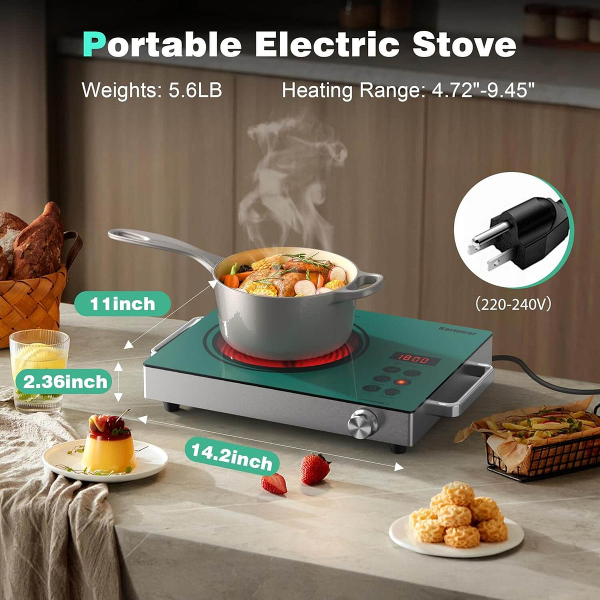 Portable electric stove with cooking pot on a table, surrounded by food items.