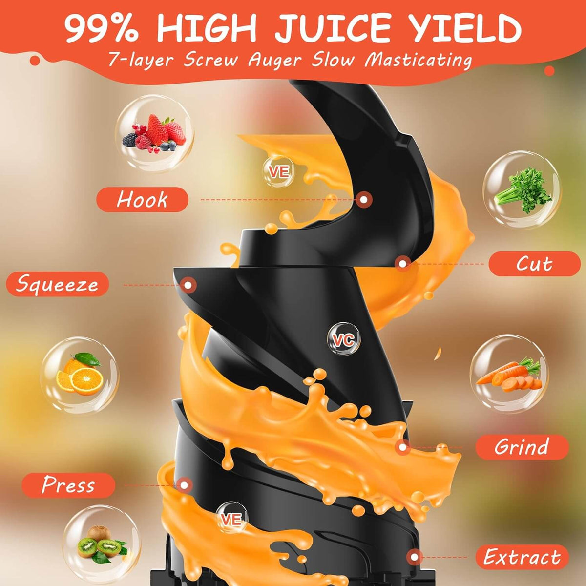 Karinear Cold Press Juicer 5.3" Wide Feed Chute Juice Extractor Machine for Whole Vegetables & Fruits