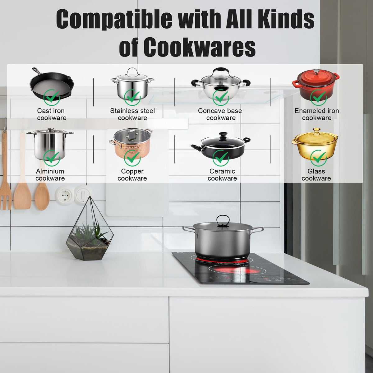electric ceramic cooktop is suitable for all kinds of flat bottom cookwares, such as iron, stainless steel, ceramic or glass materials, which is much more convenient than an induction cooktop.