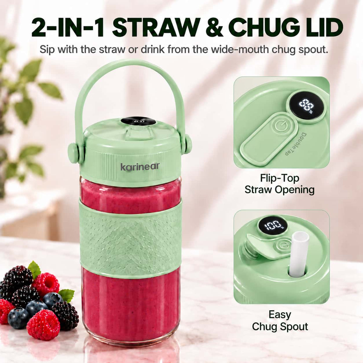 Karinear Portable Blender 24oz with 2-in-1 Straw & Chug Lid (Green)