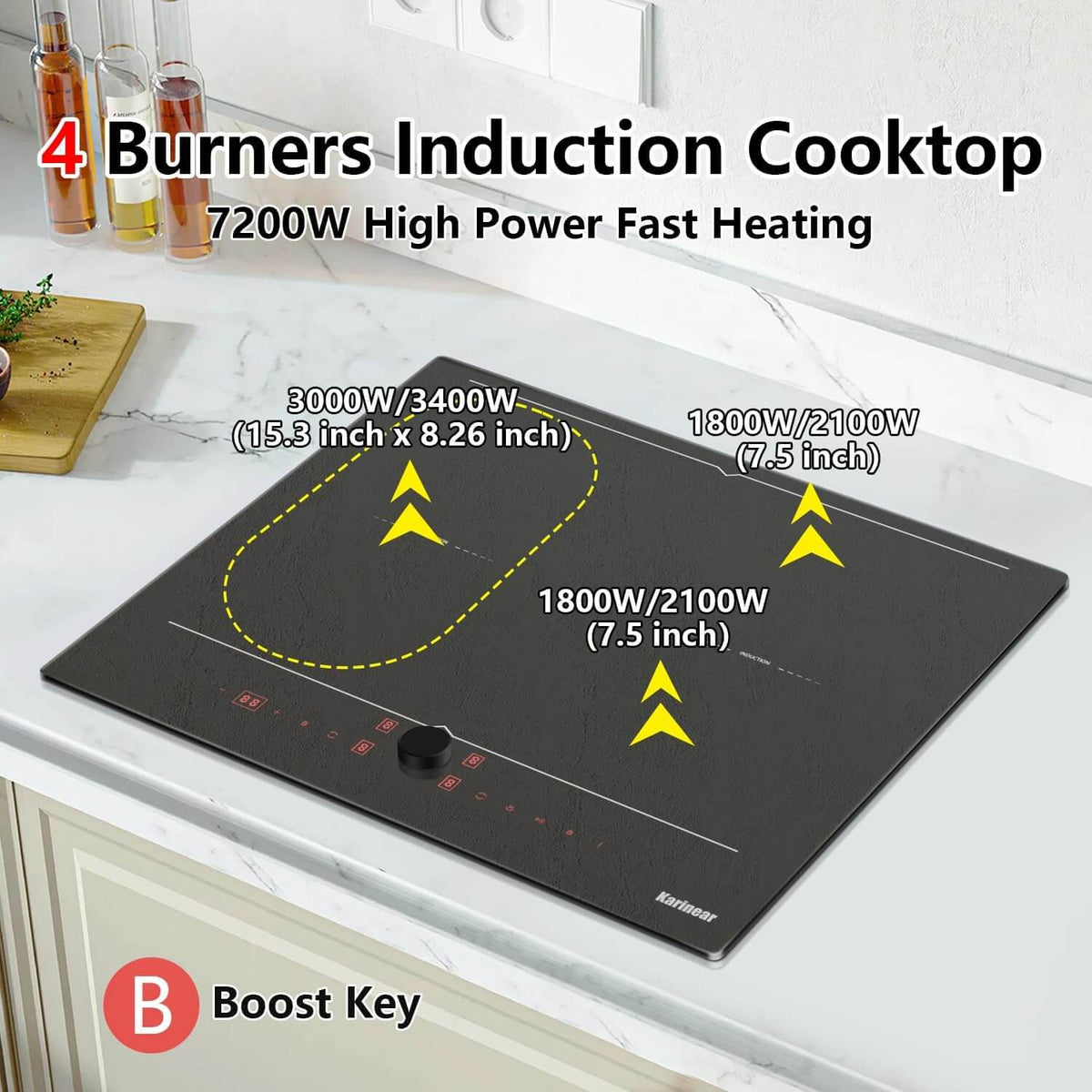 Karinear 24 Inch Induction Cooktop 4 Burners, Hidden Display with Magnetic Knob Control, Built-in Induction Stovetop with Heating Flex Zone, Boost, Timer, Pause Function, 7200W, 220-240V(No Plug)