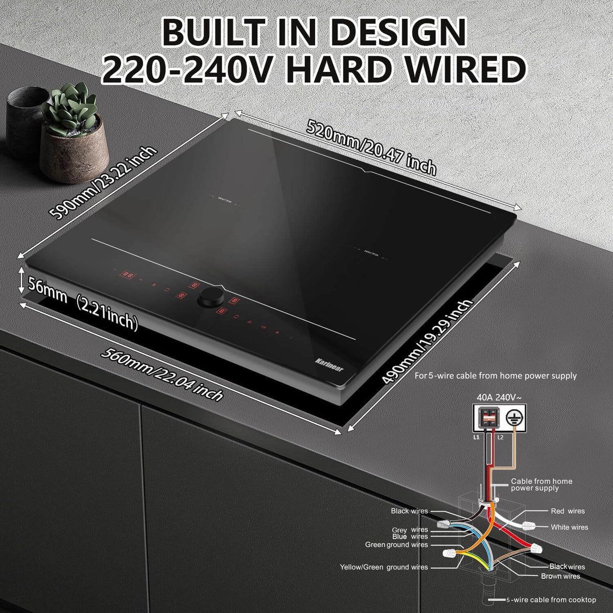Karinear 24 Inch 4 Burner 7000W Drop In Induction Cooktop - Magnetic Knob Control