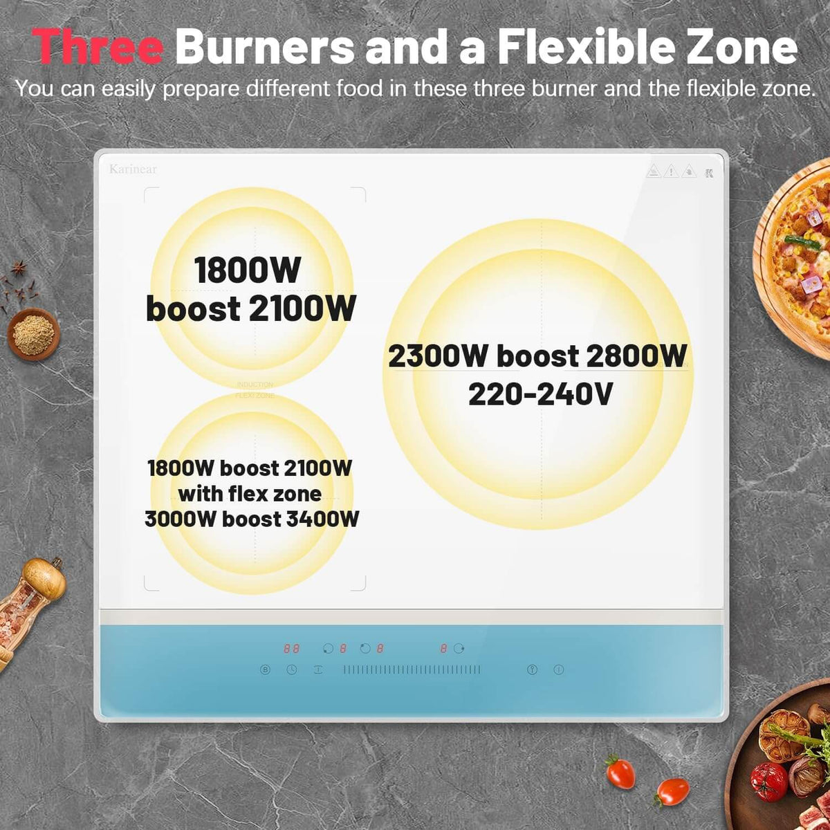 Karinear 24 inch induction cooktop With 3 burner With Boost and Flexible Zone 6800W