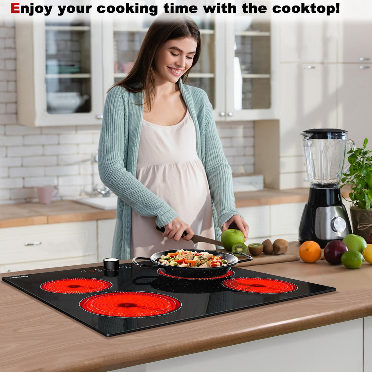 Karinear 24 Inch Electric Cooktop 4 Burners Electric Stove Top, 220-240v Built-in Electric Ceramic Cooktop with Knob Control,9 Power Levels, Black Glass,No Plug