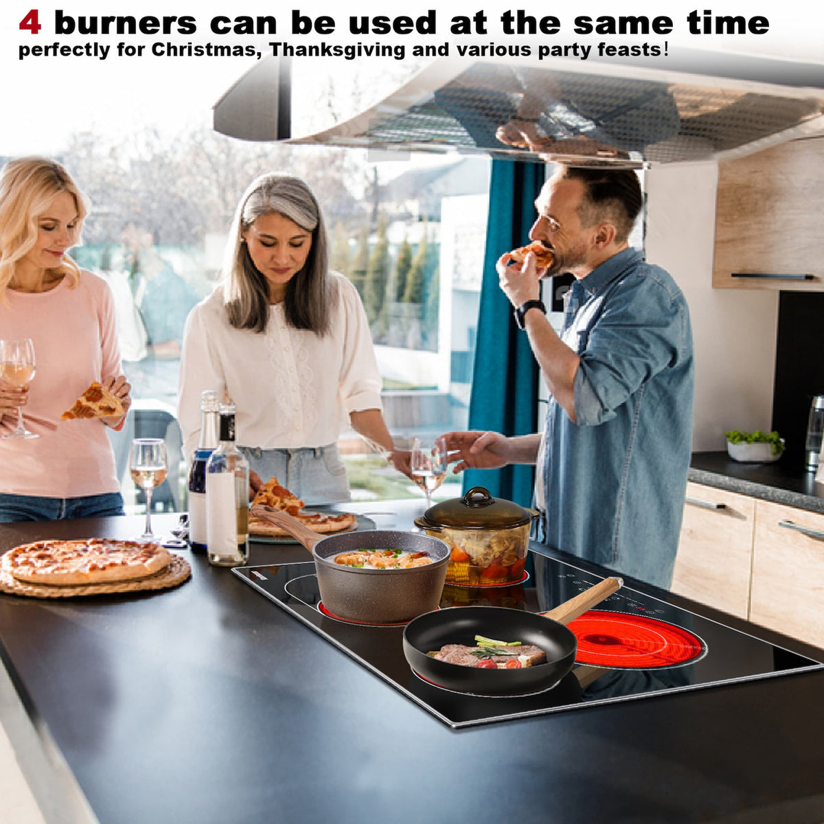 8400W 30 Inch Electric Cooktop 5 Burners Ceramic Cooktop, Drop-in Electric Radiant Cooktop with Front and Back Metal Frame, Child Lock, Timer, 220-240V, Hard Wire, No Plug
