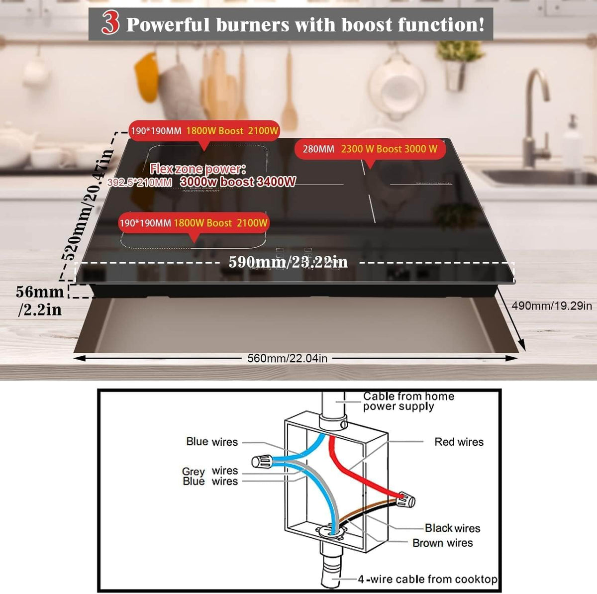 Karinear Induction Hob, 60cm 3 Zones Electric Hob with Slider Control, Boost Function and Flexi Zone 6800W, Hard Wired, No Plug Included