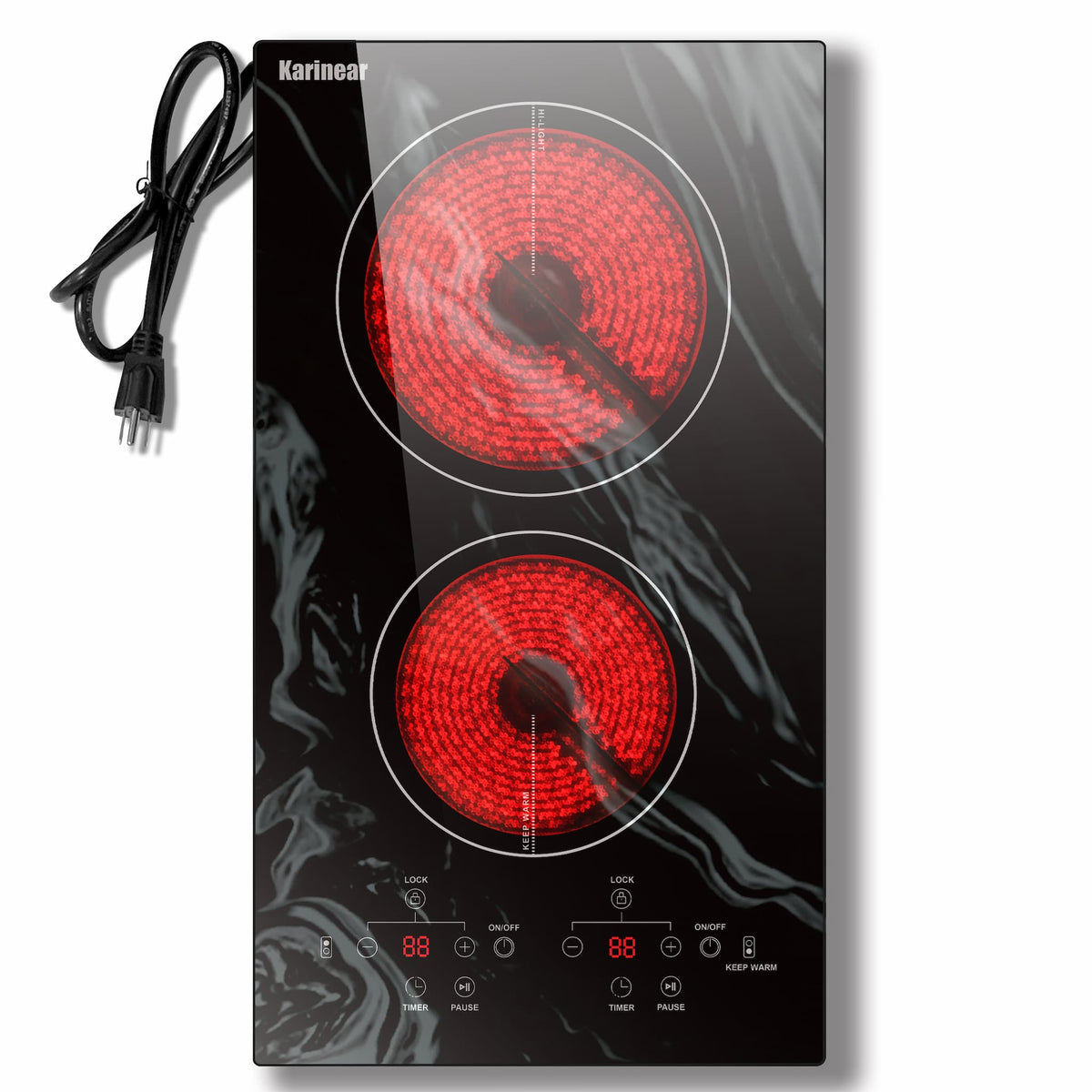 Karinear Portable 110v Electric Cooktop 2 Burners, 12 Inch Electric Stove Top, Ceramic Cooktop with Beautiful Wave Pattern