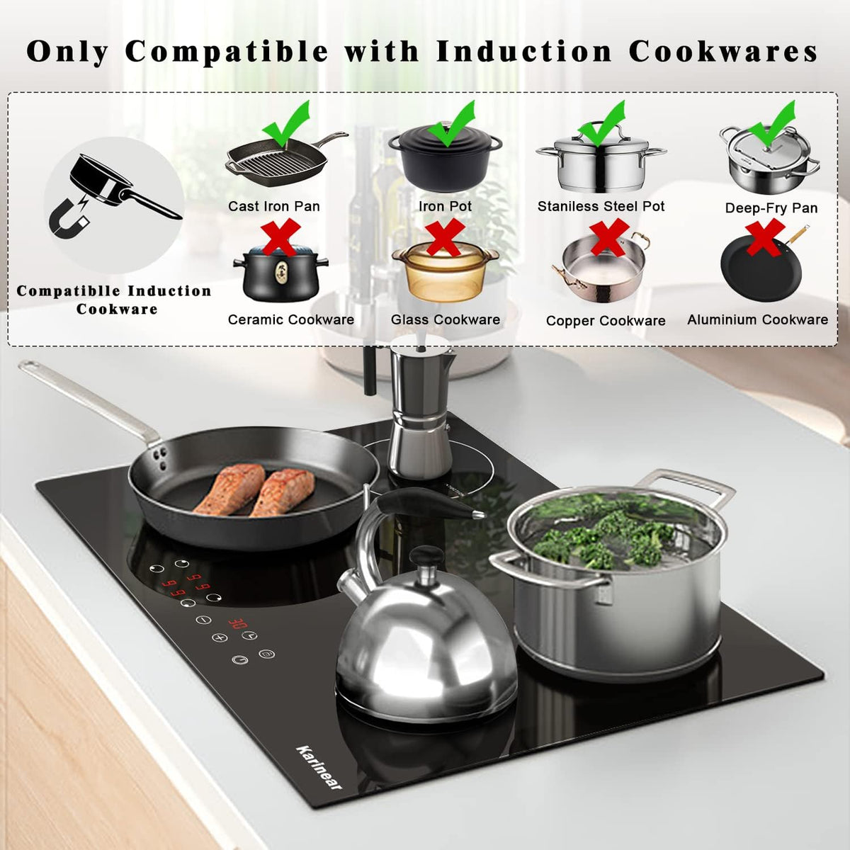 Totally up to ETL and FCC standards, the induction cooktop ECOTOUCH comes with multiple safety protection: Over heating protection, Auto-shut down, Auto-pan detect, Child lock, 