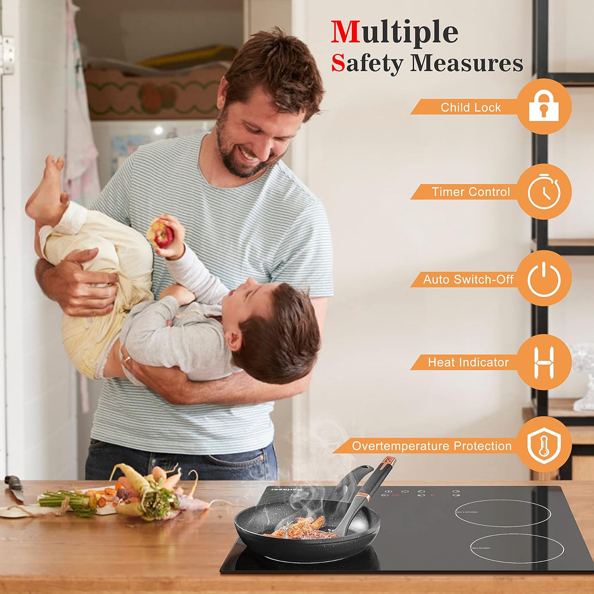  electric induction cooktop is applied with burners ranging 1500W to 3000W (max), which coverts electricity into precise magnetic field and heat will be generated evenly on the cookware itself. 