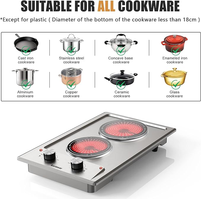 The heating area in the middle of our products makes for a high-specification ceramic glass, suitable for all materials of cookware (except plastic). The bottom diameter of the cookware is adapted to be less than 18CM.