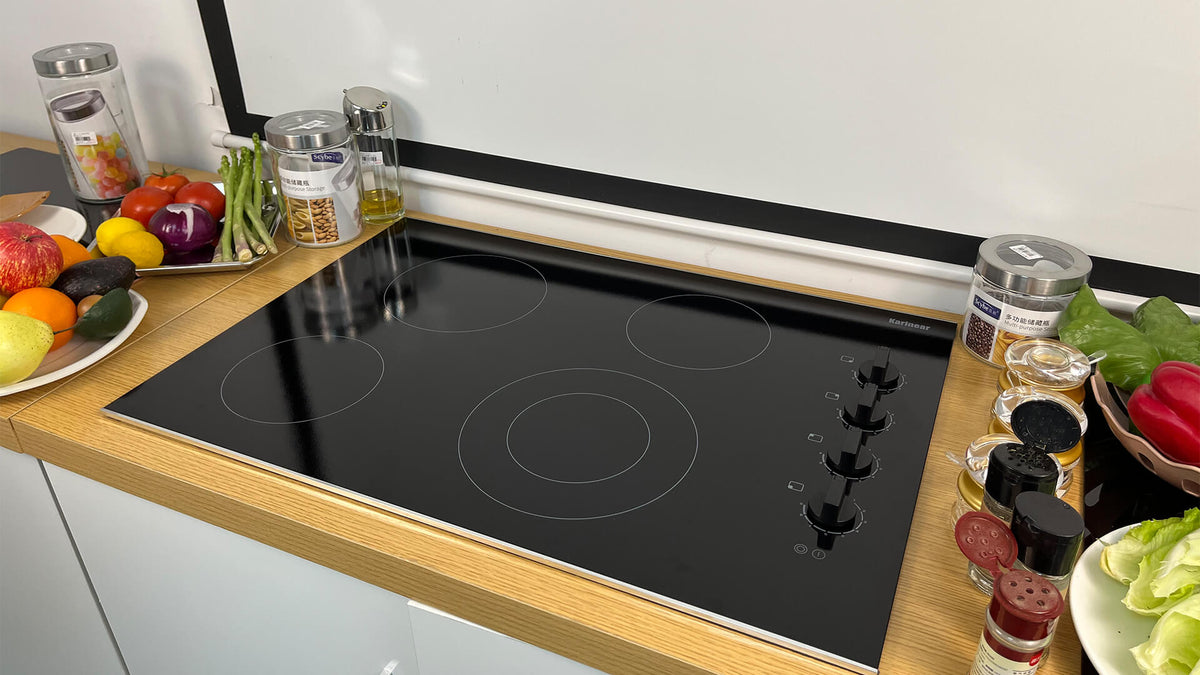 Karinear 30 Inch Electric Cooktop 4 Burners, Knob Control Built-in Ceramic Cooktop, 30" Radiant Electric Stove Top with Glass Protection Metal Frame,Hot Surface Indicator, 220-240v, Hard Wire, No Plug