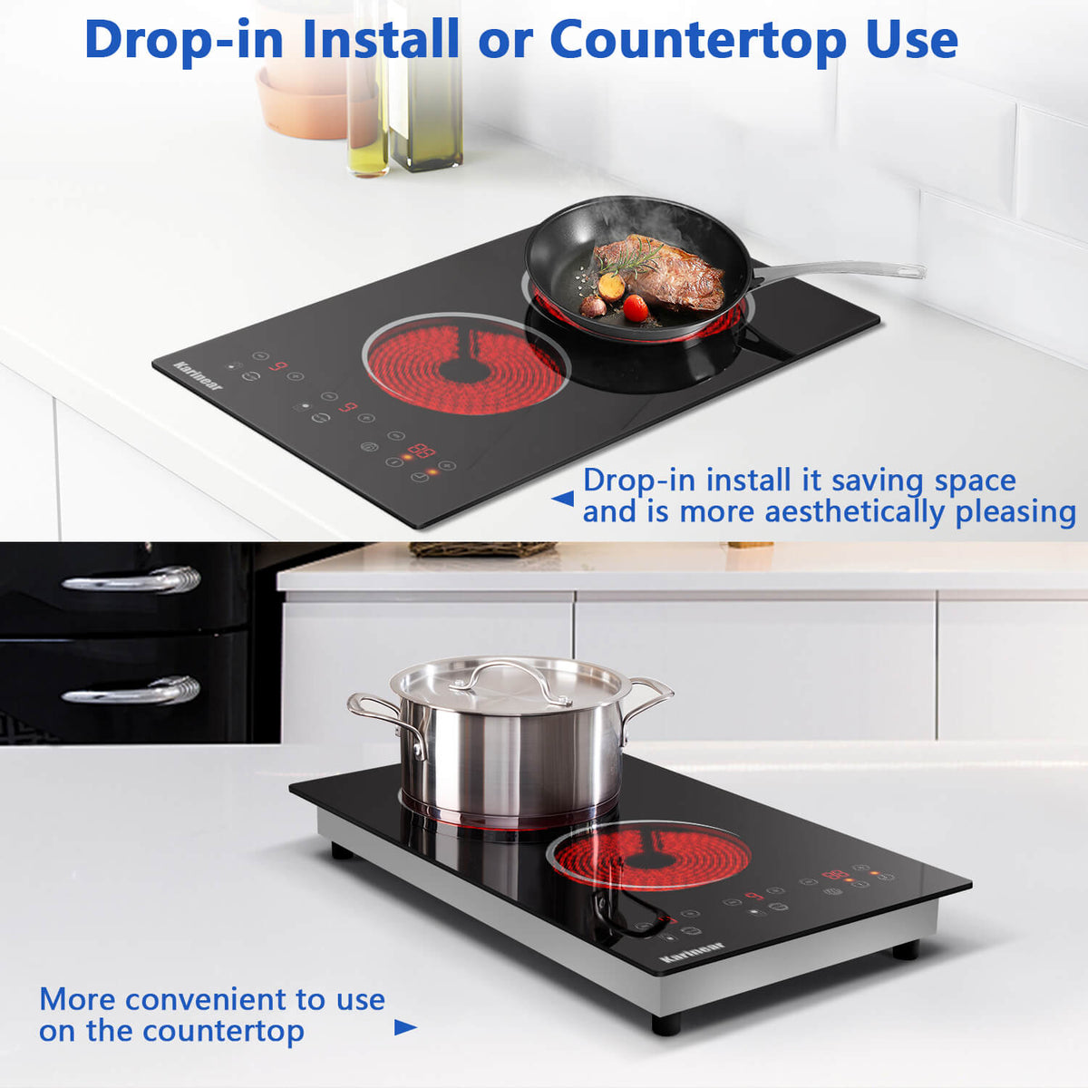 Karinear 12 Inch  Plug in 2 Burner Electric Cooktop With Countertop and Built-in