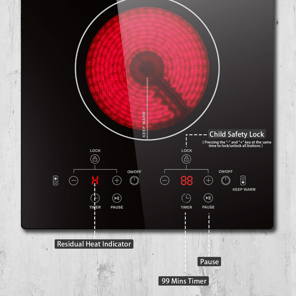 Karinear plug in electric stove top large burner(1400W) has 9 power levels which can meet the needs of various foods at different temperatures.