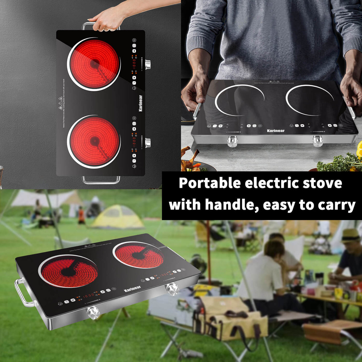 Karinear 24 Inch 2 Burner Electric Cooktop With Handle Knob Control