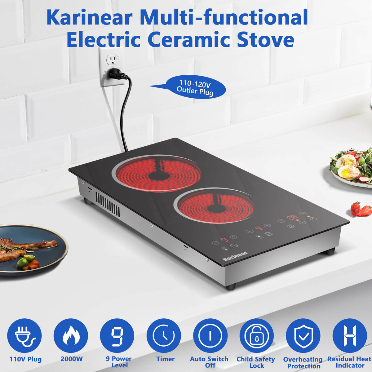 Karinear 12 Inch  Plug in 2 Burner Electric Cooktop With Countertop and Built-in
