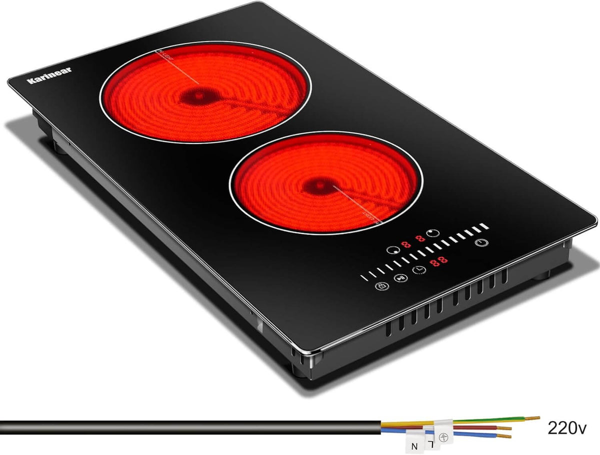 Karinear Electric Cooktop 2 Burners,12 Inch Electric Stove Top, Countertop & Built-in Ceramic Cooktop with Glass Protection Metal Frame, Multifunctional Cooktop for 220-240v, Hard Wire, No Plug