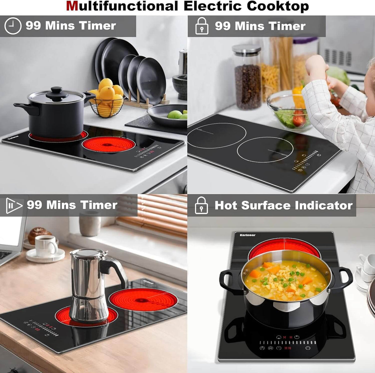 Karinear Electric Cooktop 2 Burners,12 Inch Electric Stove Top, Countertop & Built-in Ceramic Cooktop with Glass Protection Metal Frame, Multifunctional Cooktop for 220-240v, Hard Wire, No Plug