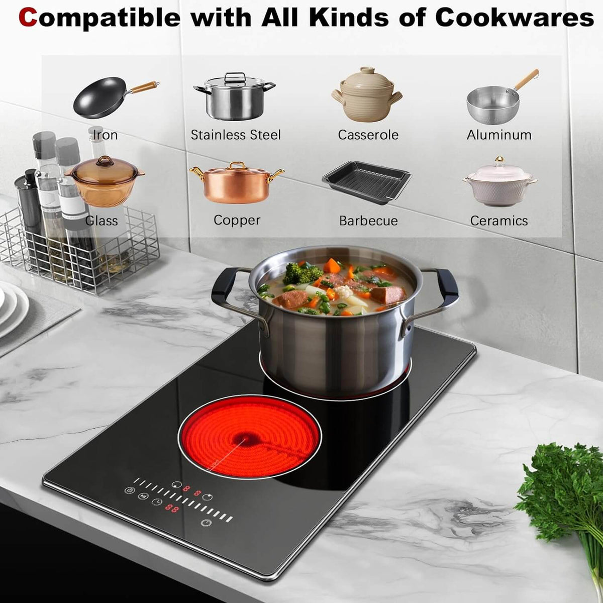 Karinear Electric Cooktop 2 Burners,12 Inch Electric Stove Top, Countertop & Built-in Ceramic Cooktop with Glass Protection Metal Frame, Multifunctional Cooktop for 220-240v, Hard Wire, No Plug