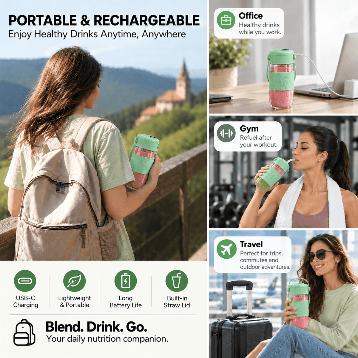 Karinear Portable Blender 24oz with 2-in-1 Straw & Chug Lid (Green)