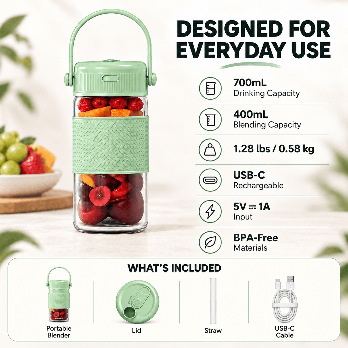 Karinear Portable Blender 24oz with 2-in-1 Straw & Chug Lid (Green)