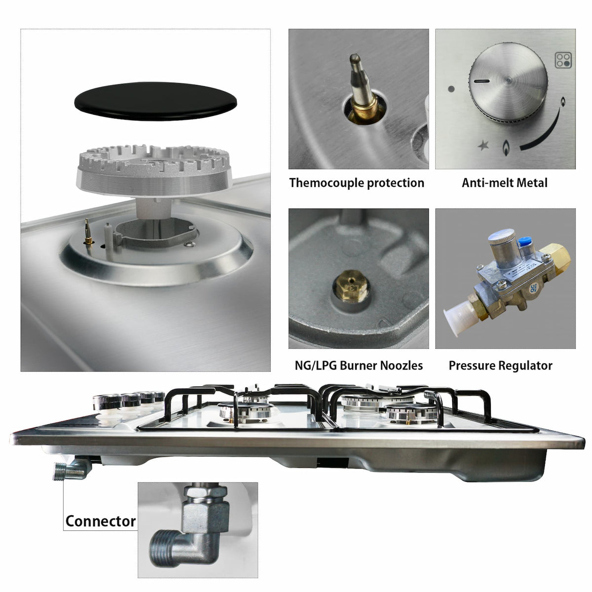 Karinear 24 Inch 4 Burner Stainless Steel Tempered Gas Cooktop
